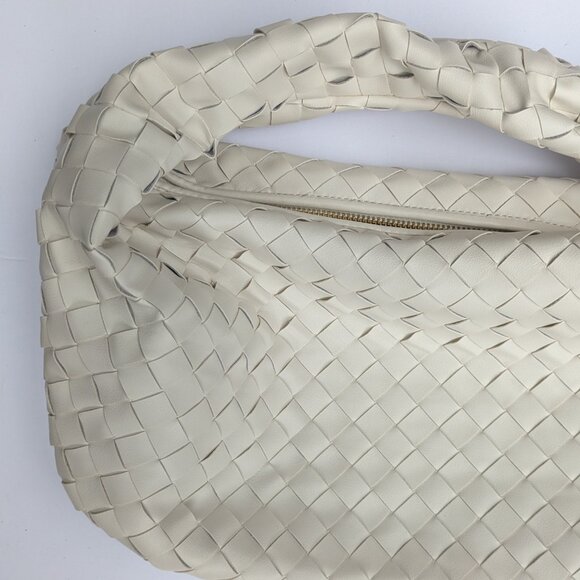 White Leather Shoulder Hand Bag – Chic Bottega Style, Woven Knot Handle NW - Picture 7 of 10